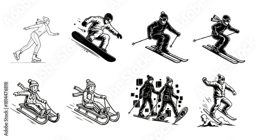 Set of Winter Sports Activities Outline Vector Illustration