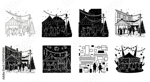 Monochrome winter fair illustration with people near shop stall