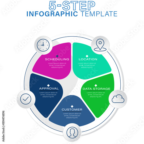 5-Step Circular Infographic Template: Colorful Pie Chart Style Diagram Illustrating a Continuous Cycle of Business Concepts  for Strategy and Process Presentation