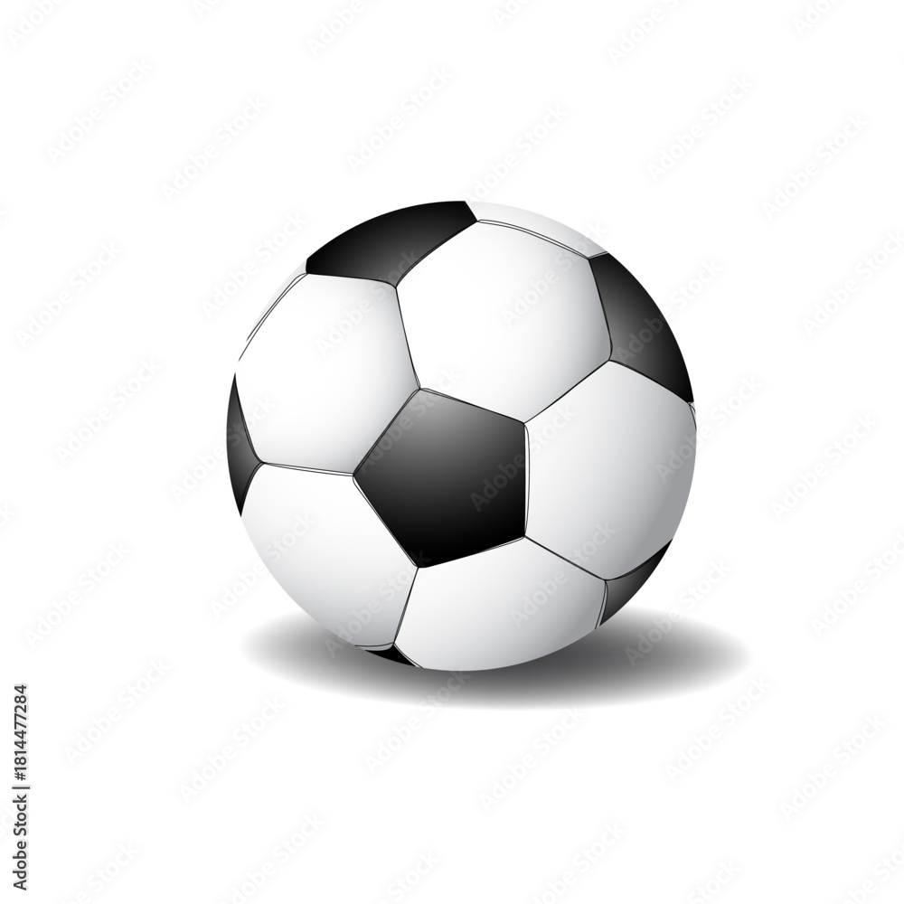 Obraz premium Classic Black and White Soccer Ball Isolated on White Background with Subtle Shadow, Perfect for Sports, Game, Team, and Fitness Concepts, Ideal for Websites, Banners, and Educational Materials