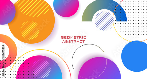Dynamic geometric abstract background with vibrant multicolored circles, rings, and half-shapes in a modern Memphis style