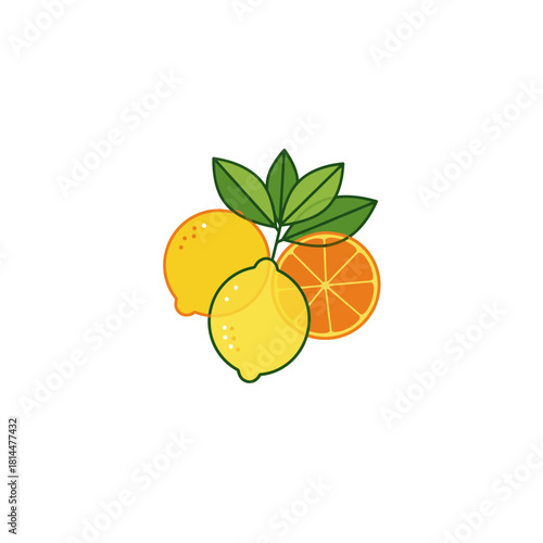 Vibrant vector illustration of a fresh citrus fruit composition with overlapping lemons, a sliced orange, and green leaves in a clean flat line art style