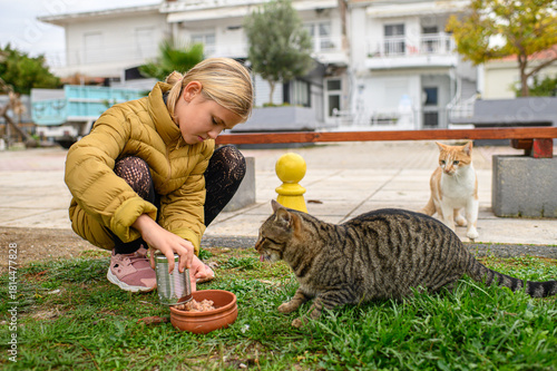 Wallpaper Mural Children feeding stray cats outdoors, sharing food with homeless animals in a warm and candid moment of kindness and compassion on a quiet street. Torontodigital.ca