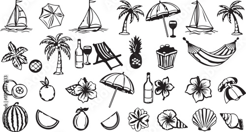 Hand drawn summer vacation beach holiday doodle elements collection line art