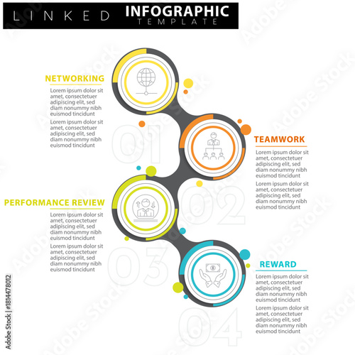 Vertical Linked Infographic Template: Four-Step Chain Diagram Illustrating Business Concepts  for Corporate Process, Development, and Strategy Presentation