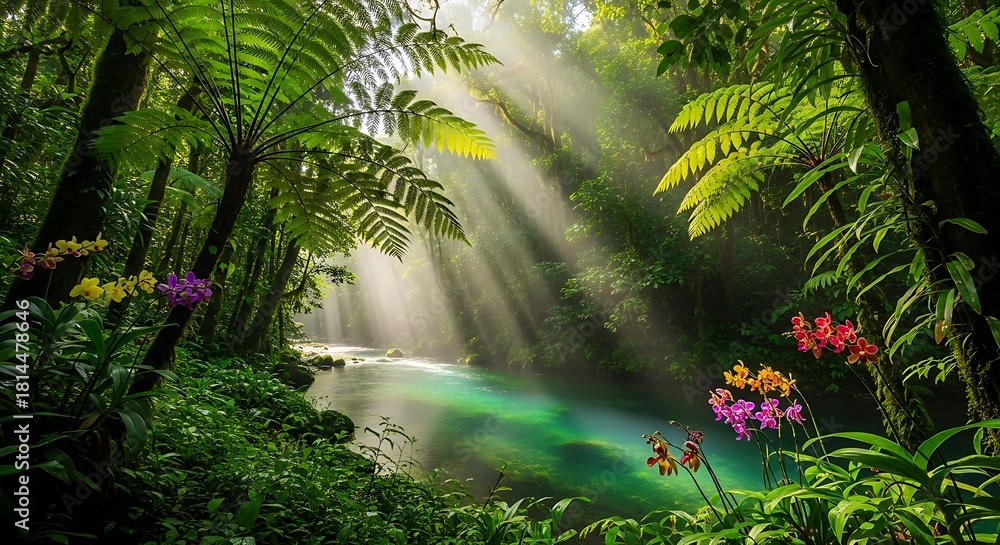 Fototapeta premium Magical Rainforest With Exotic Flowers and Sunbeams