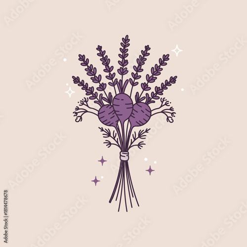 Chic vector logo emblem of a stylized magical bouquet with lavender, herbs, and root vegetables on a neutral background