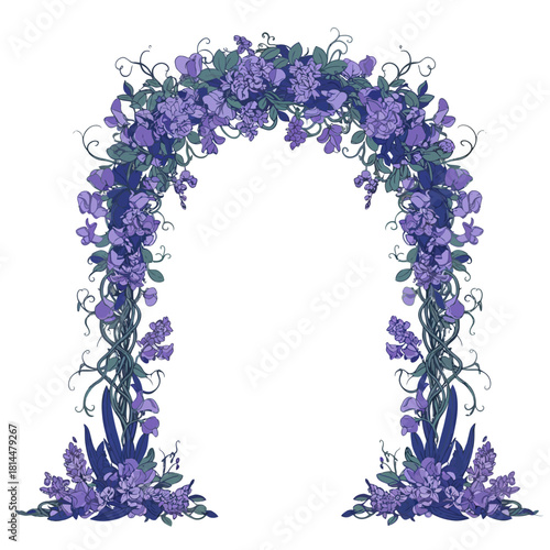 Elegant vector illustration of a floral archway with climbing purple sweet pea flowers and green vines, a modern and decorative design for wedding invitations or editorial use