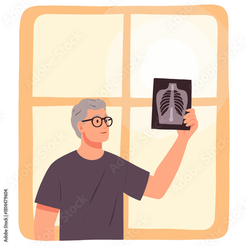 Elderly man holding x-ray. Senior showing chest x-ray. Doctor examining x-ray result. Older patient reviewing diagnosis. Elderly set