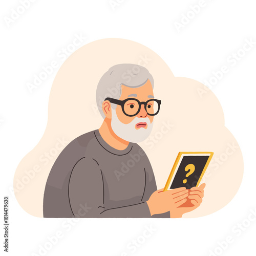 Elderly man with framed photo. Senior looking at old picture. Older man remembering loved ones. Elderly nostalgic moment at home. Elderly set