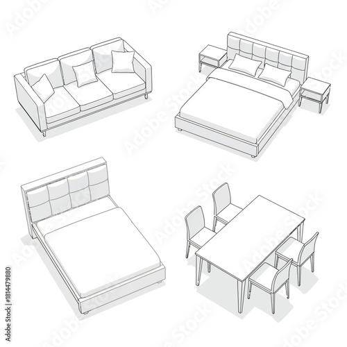 Isometric Line Drawings of Furniture Pieces sofa couch