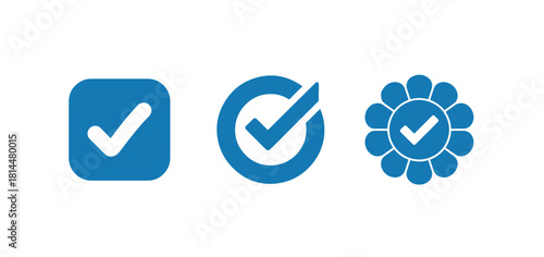 Collection of blue verified check mark icons in square, circle and flower shapes