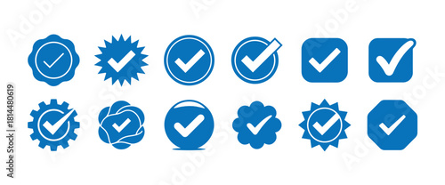 Collection of blue check mark icons with various decorative frames symbolizing confirmation