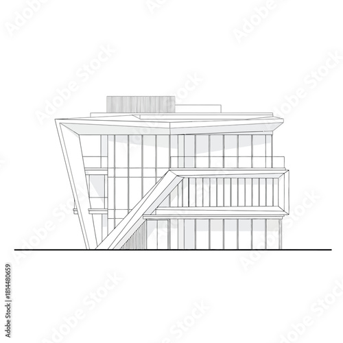 Modern building elevation drawing with glass facade