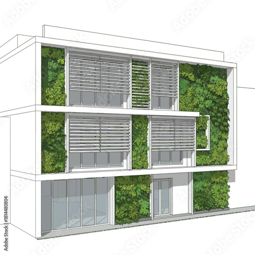 Modern Building with Vertical Green Walls and Louvered Windows