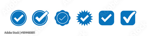 Set of blue check mark icons in different shapes for verification and approval symbols