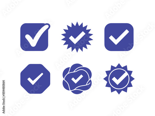 Set of purple check marks, confirm button, complete icons, correct sign, vector illustration