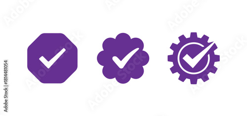 Set of verified check mark icons in purple color, various shapes like octagon, flower, and gear