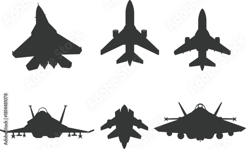 High-contrast military fighter jet silhouettes collection showing top and front views of six modern combat aircraft for aviation design, defense illustration, or tactical concept artwork.