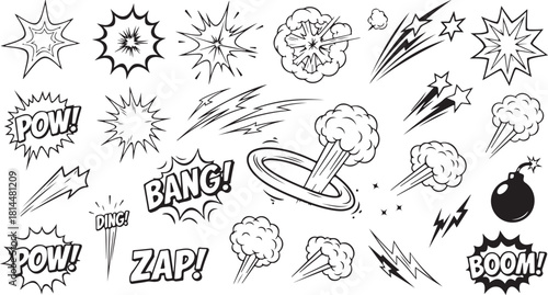 Comic book sound effects, explosion, and action elements, pop art style.