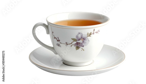 White tea cup with floral design and saucer on black background