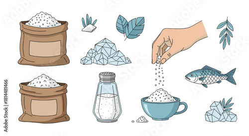 Collection of salt-related items including bags of salt, crystals, shaker, and a fish.