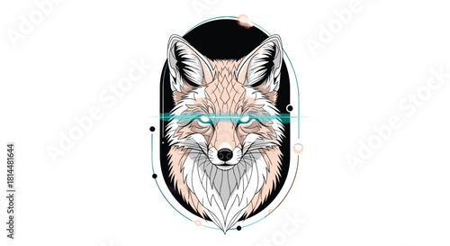 Stylized illustration of a fox with glowing eyes and geometric elements in a dark oval frame.