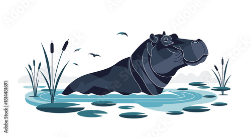 Stylized dark blue hippopotamus partially submerged in water with cattails and lily pads.