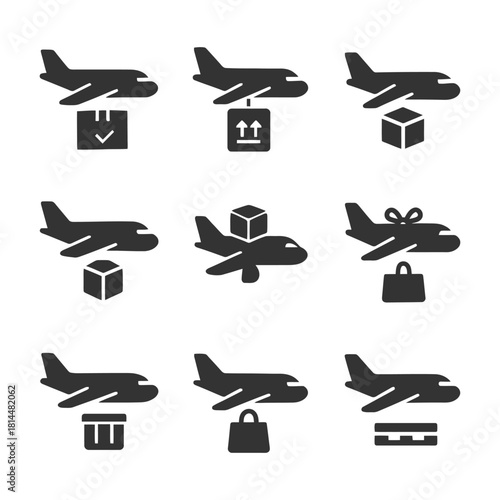 Airplane cargo icons set: package delivery and logistics symbols.