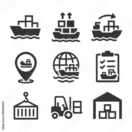 Shipping and logistics icons: cargo ships, containers, forklift, warehouse.