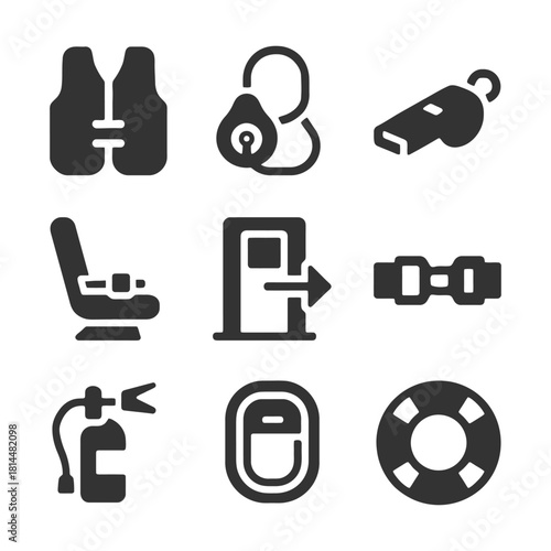 Airplane safety icons set: life jacket, whistle, seatbelt, exit, oxygen mask, window, life buoy.