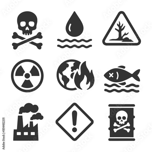 Environmental hazard icons warning of toxic waste and pollution risks.