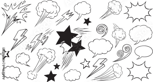 Hand-drawn comic book doodle elements for graphic action, speed, and speech