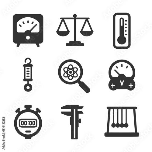 Science equipment icons set with scales, thermometer, stopwatch, and more.