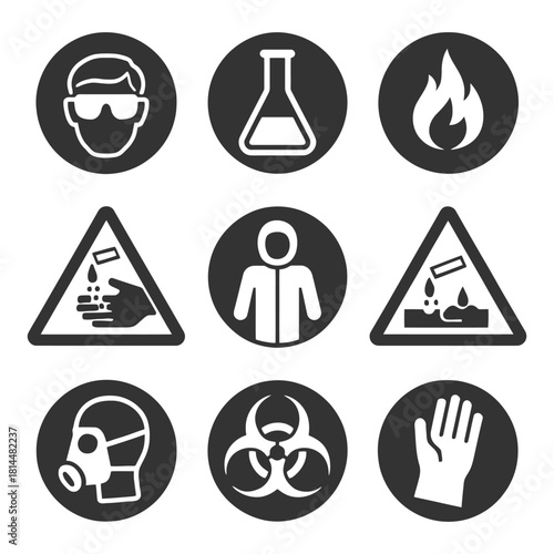 Safety symbols: protective gear, hazard signs, chemical warnings, biohazard, fire safety.