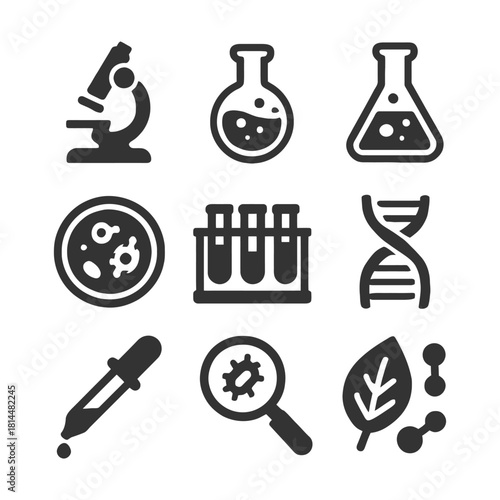 Scientific laboratory equipment icons - microscope, test tubes, dna, petri dish.