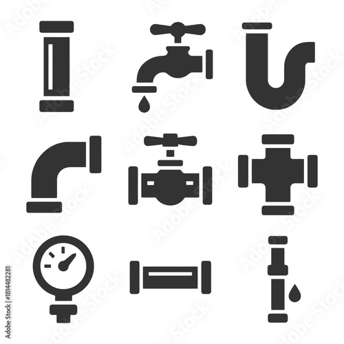 Plumbing icons set featuring pipes, faucets, valves, and gauges in black silhouette.