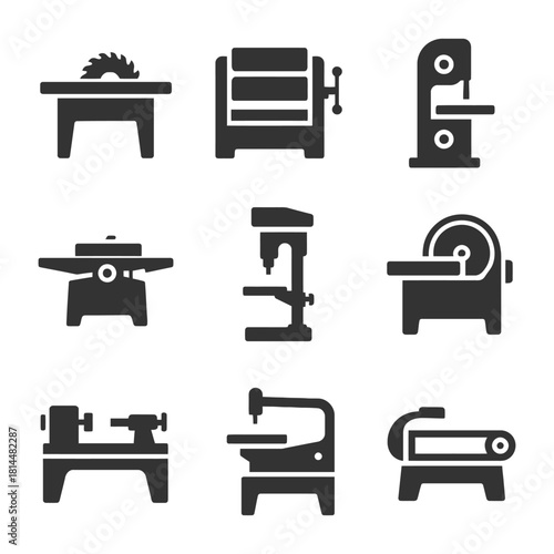 Set of black workshop machinery icons including saw and drill press.