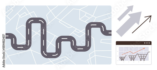 Curvy road on map background paired with growth arrows and chart showing rising shopping trends. Ideal for business strategy, journey, growth, e-commerce, planning, navigation, strategic vision