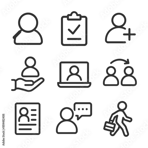 Set of human resource management icons featuring user profiles and communication elements.