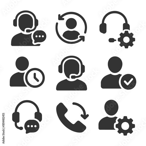 Customer support icons: headset, chat, gear, call, user interaction symbols.