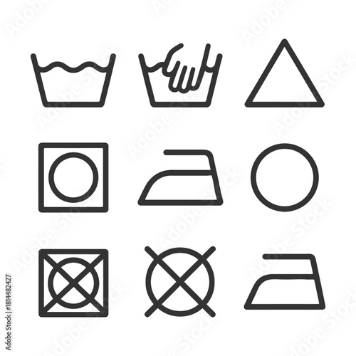 Clothing care symbols: washing, drying, ironing, and dry cleaning icons.
