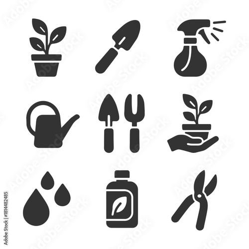 Gardening tools and plant care icons collection.