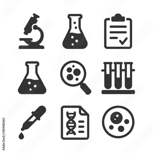 Laboratory science icons: microscope, flasks, test tubes, dna, petri dish, pipette, checklist.