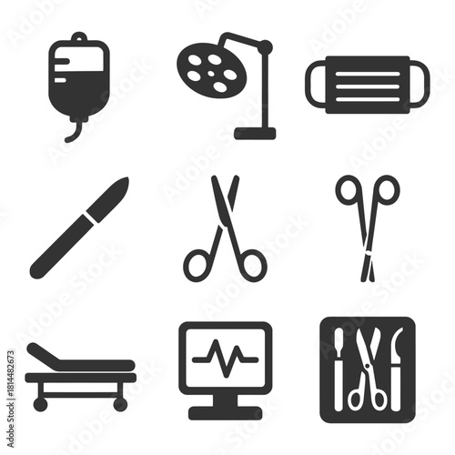 Medical equipment icons set: surgical, hospital, healthcare tools.