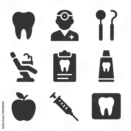 Dental icons: tooth, dentist, tools, chair, checklist, toothpaste, apple, syringe.