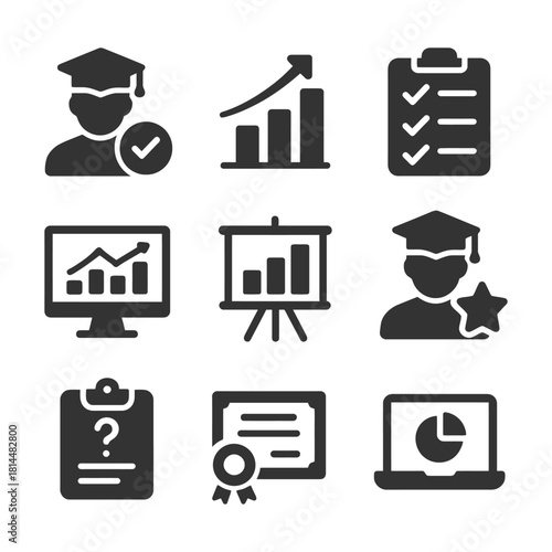 Educational icons: graduation, growth, charts, certificate, checklist, laptop.