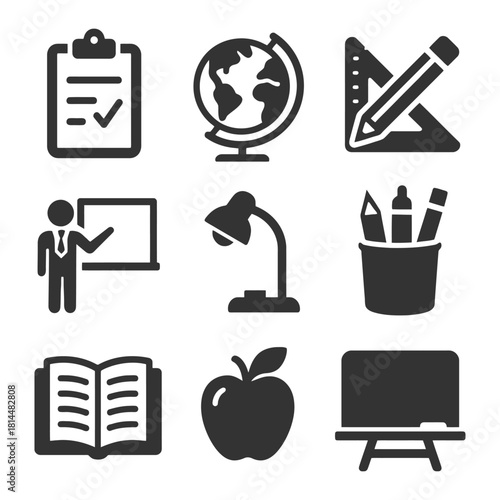 Educational icons: globe, calculator, teacher, school supplies, chalkboard, apple, book, stationery.