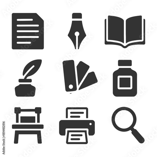 Icons of writing tools and equipment: pen nib, book, printer, magnifier.