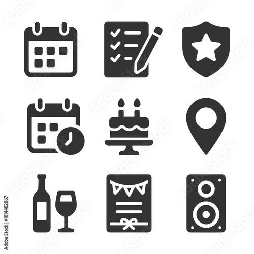 Event icons: calendar, checklist, shield, clock, birthday, location, wine, invitation, speaker.